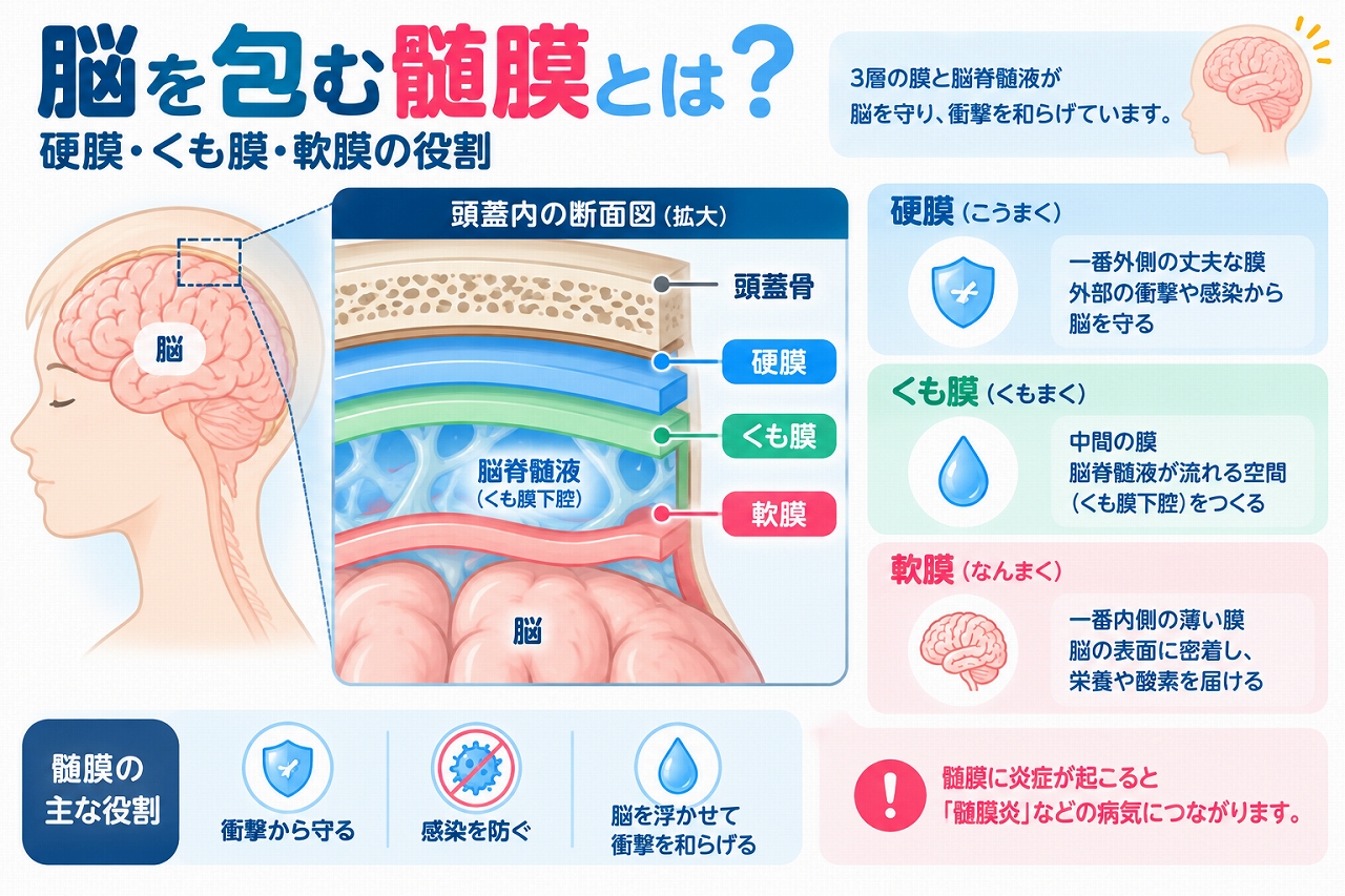 脳を包む髄膜の構造と働きを解説した医療インフォグラフィック。頭蓋骨の内側にある硬膜・くも膜・軟膜の3層構造を断面図で示し、硬膜による脳の保護、くも膜下腔を流れる脳脊髄液の衝撃緩和作用、脳表面に密着する軟膜の特徴を図解。髄膜炎などの関連疾患についても紹介。
