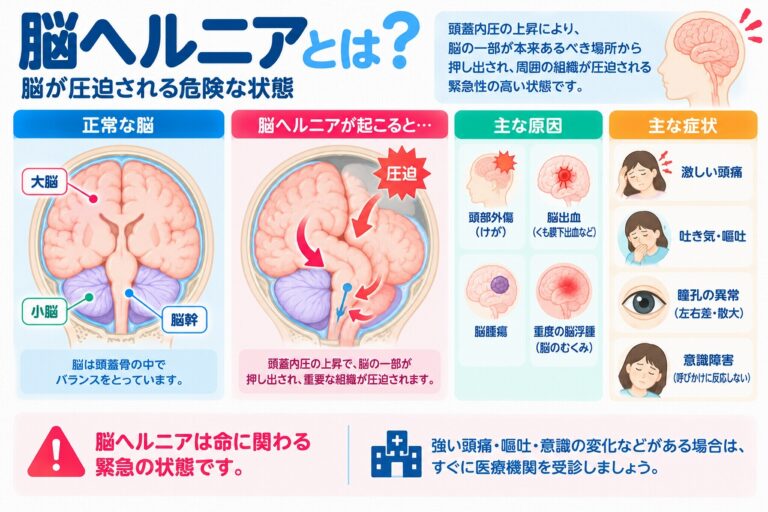 脳ヘルニアとは？脳が圧迫される仕組み・原因・症状と危険性を図解