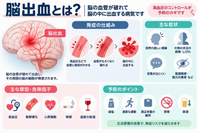 脳出血とは？脳の血管が破れる原因・症状・危険因子・予防法を図解