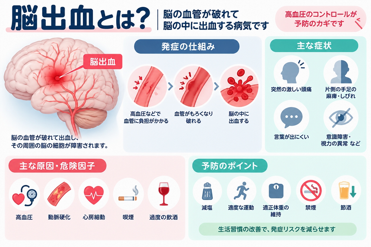 脳出血の発症メカニズムを解説した医療インフォグラフィック。高血圧などによって脳の血管が破れ、脳内に出血して周囲の脳組織が障害される仕組みを図解。片側の手足の麻痺、言語障害、意識障害、頭痛などの症状と、高血圧・動脈硬化・喫煙・過度の飲酒などの危険因子、予防方法を紹介。