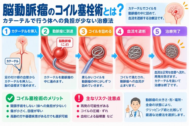 脳動脈瘤のコイル塞栓術とは？カテーテル治療の仕組み・手順・メリットとリスクを図解