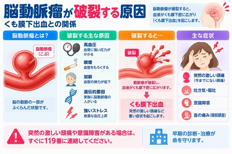 脳動脈瘤が破裂する原因とは？くも膜下出血の仕組み・危険因子・症状を図解