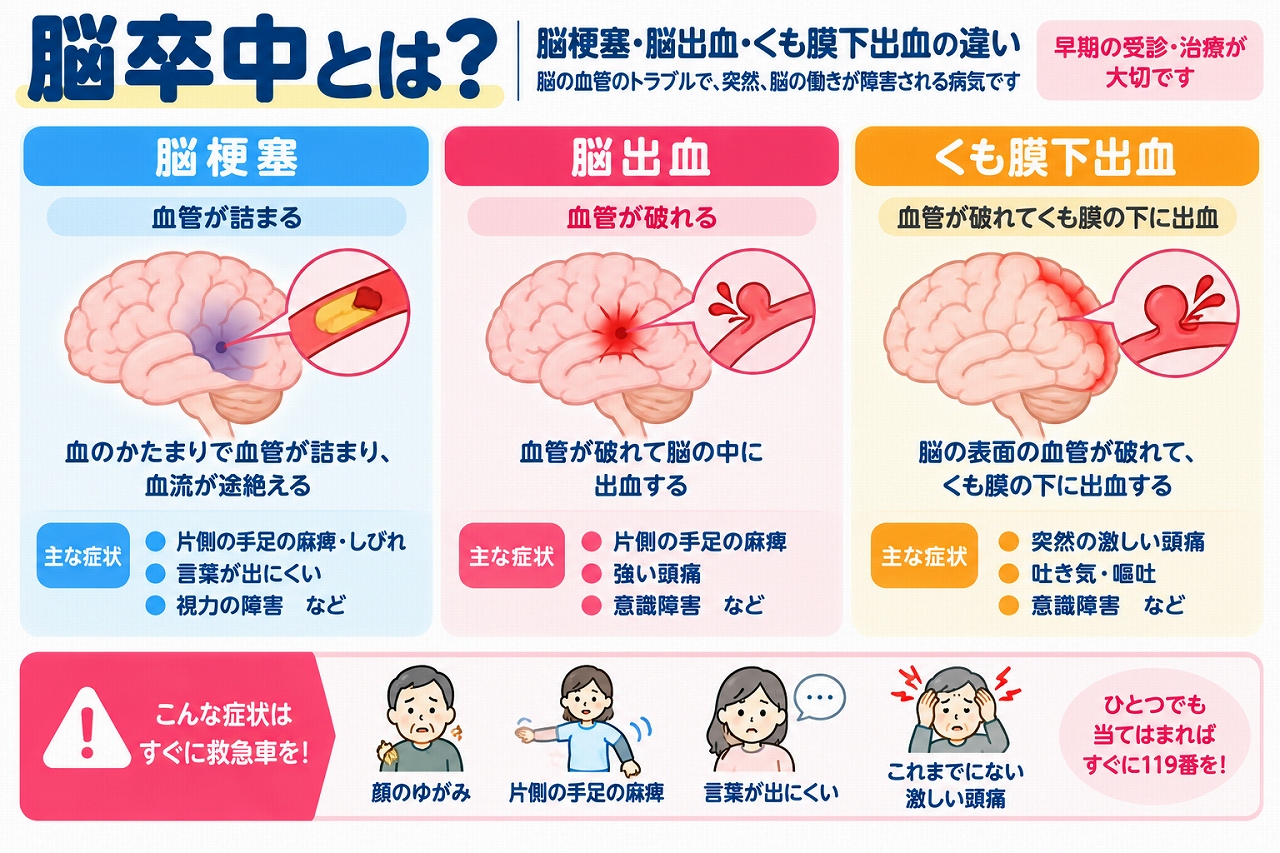 脳卒中の3つの種類を比較した医療インフォグラフィック。血管が詰まる脳梗塞、脳内の血管が破れる脳出血、くも膜下に出血するくも膜下出血の仕組みを図解。顔のゆがみ、片側の手足の麻痺、言語障害、突然の激しい頭痛などの危険な症状と119番通報の重要性を解説。