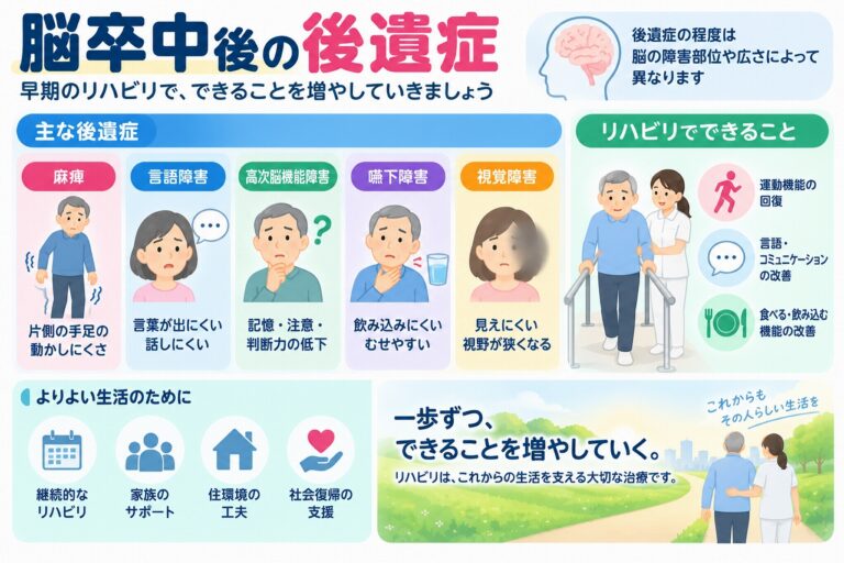 脳卒中後の後遺症とは？麻痺・言語障害・高次脳機能障害とリハビリを図解