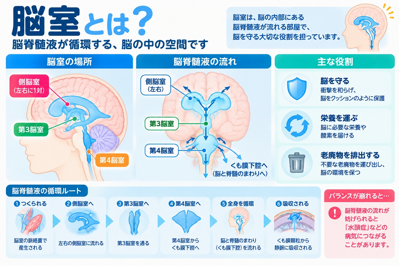 脳室の構造と脳脊髄液が循環する仕組みを解説した医療インフォグラフィック。左右の側脳室、第3脳室、第4脳室の位置関係を脳の断面図で示し、脈絡叢で作られた脳脊髄液が脳室を通ってくも膜下腔へ流れ、吸収されるまでの経路を図解。脳脊髄液による脳の保護や物質の運搬、水頭症との関係も紹介。