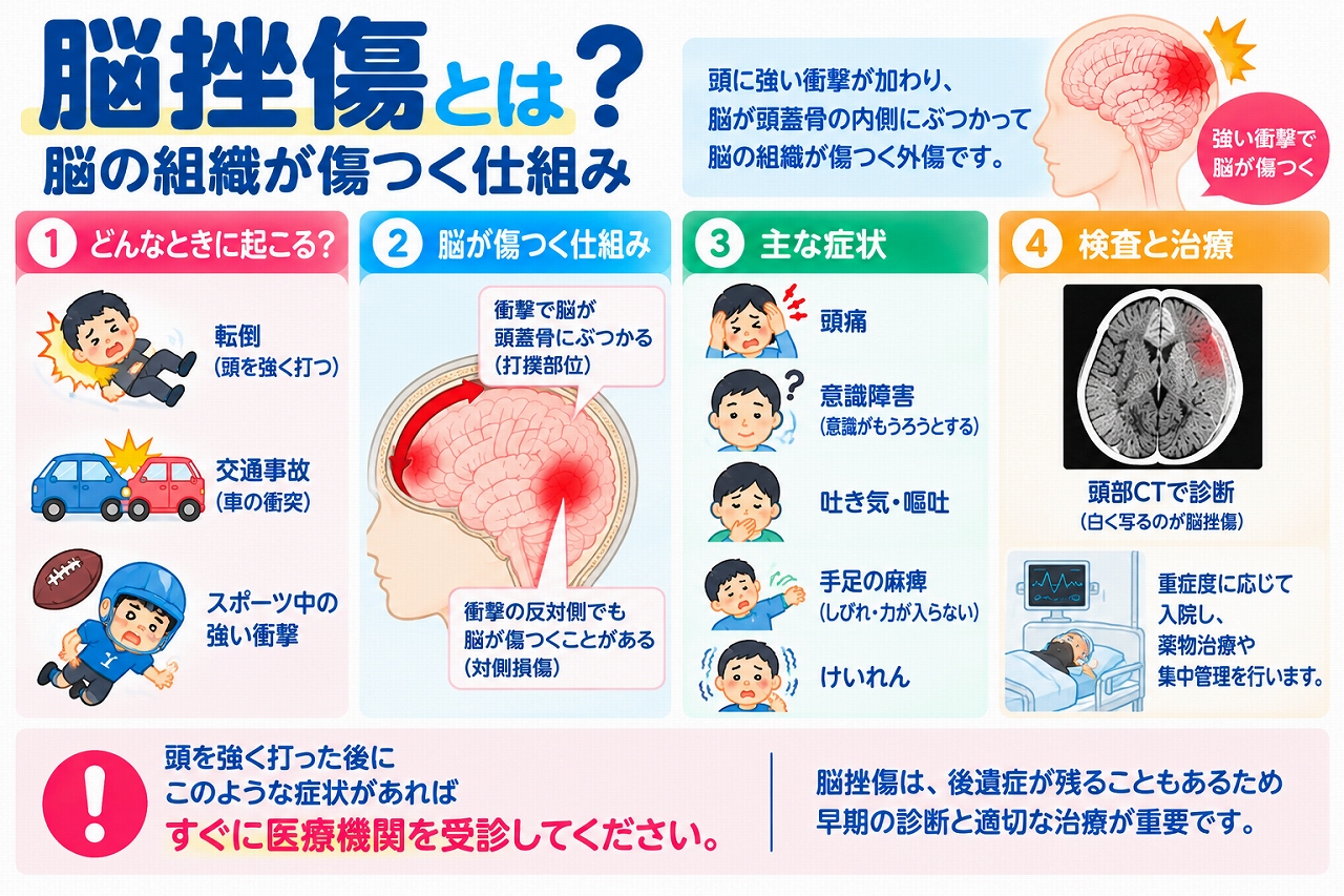 脳挫傷の発生する仕組みや原因、症状、検査・治療法を解説した医療インフォグラフィック。転倒、交通事故、スポーツ中の強い衝撃によって脳組織が損傷する様子を断面図で示し、衝撃を受けた側の脳が傷つく直撃損傷と、反対側にも損傷が起こる対側損傷を紹介。頭痛、意識障害、吐き気・嘔吐、手足の麻痺、けいれんなどの症状と、頭部CT検査、入院管理、薬物療法、早期受診の重要性を図解。