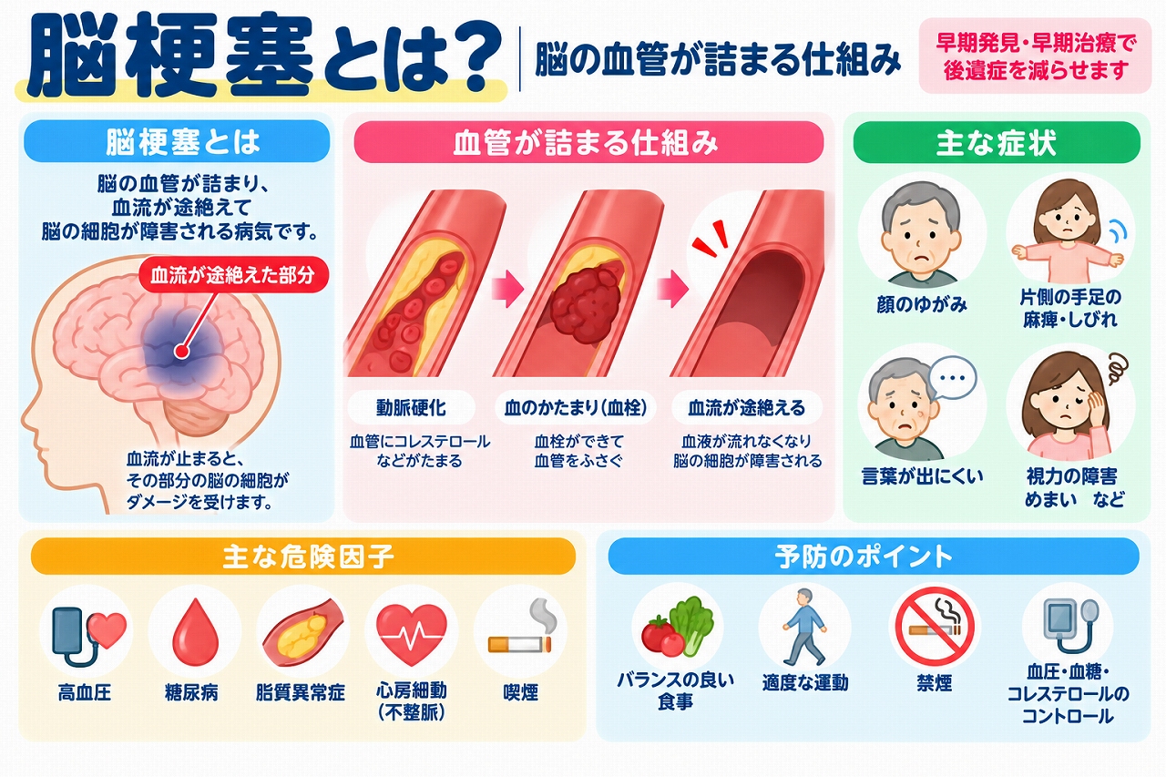 脳梗塞の発症メカニズムを解説した医療インフォグラフィック。動脈硬化や血栓によって脳の血管が詰まり、脳細胞が障害される仕組みを図解。顔のゆがみ、片側の手足の麻痺、言語障害、視力障害などの症状と、高血圧・糖尿病・脂質異常症・心房細動などの危険因子、予防方法を紹介。