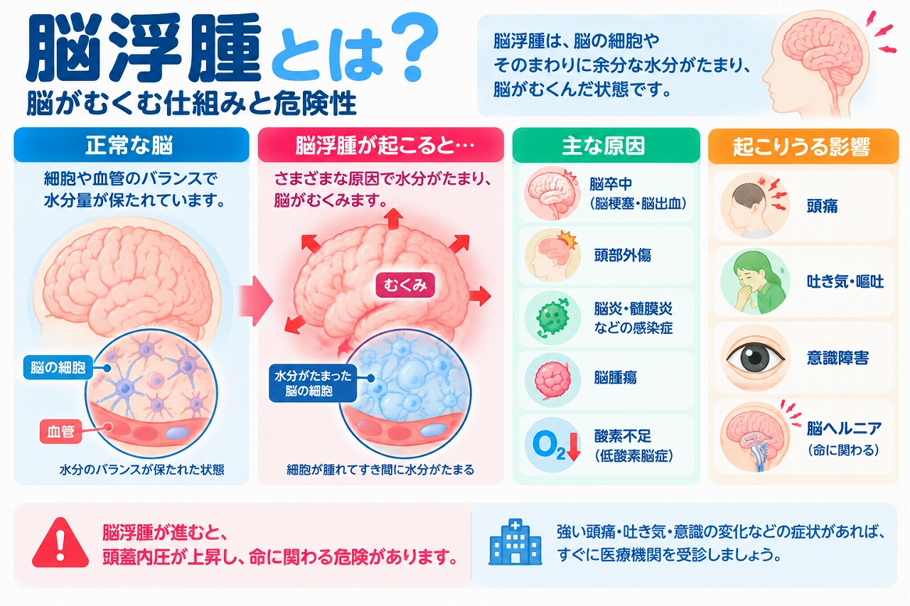 脳浮腫の仕組みと危険性を解説した医療インフォグラフィック。正常な脳と脳浮腫が起きた脳を比較し、脳細胞やその周囲に余分な水分がたまって脳がむくむ状態を図解。脳梗塞・脳出血などの脳卒中、頭部外傷、脳炎・髄膜炎、脳腫瘍、低酸素状態などの原因と、頭痛・吐き気・嘔吐・意識障害、頭蓋内圧上昇や脳ヘルニアの危険性を紹介。