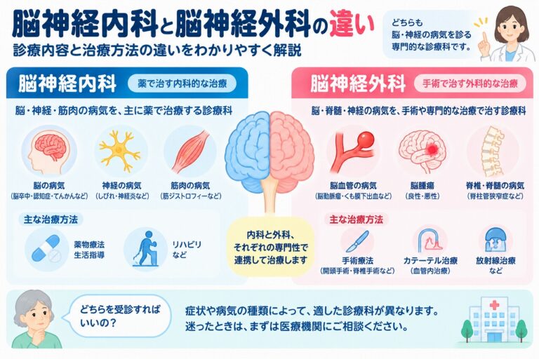 脳神経内科と脳神経外科の診療内容や治療方法の違いを比較した医療インフォグラフィック。脳神経内科は脳・脊髄・末梢神経・筋肉の病気を主に薬物療法やリハビリなどで治療し、脳神経外科は脳動脈瘤・脳腫瘍・脳血管疾患・脊椎脊髄疾患などに対して手術や血管内治療などを行う。両診療科の連携と受診先の選び方を図解。
