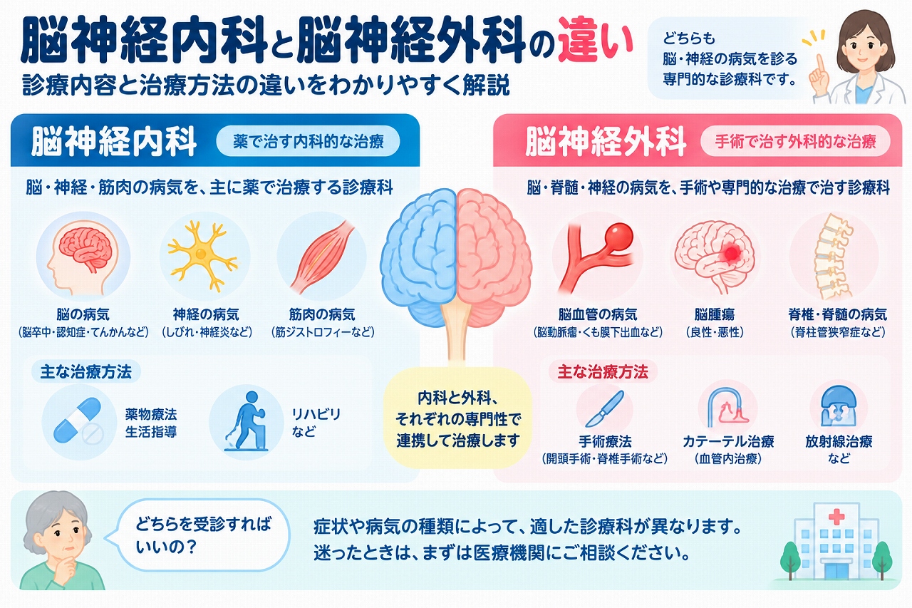 脳神経内科と脳神経外科の診療内容や治療方法の違いを比較した医療インフォグラフィック。脳神経内科は脳・脊髄・末梢神経・筋肉の病気を主に薬物療法やリハビリなどで治療し、脳神経外科は脳動脈瘤・脳腫瘍・脳血管疾患・脊椎脊髄疾患などに対して手術や血管内治療などを行う。両診療科の連携と受診先の選び方を図解。