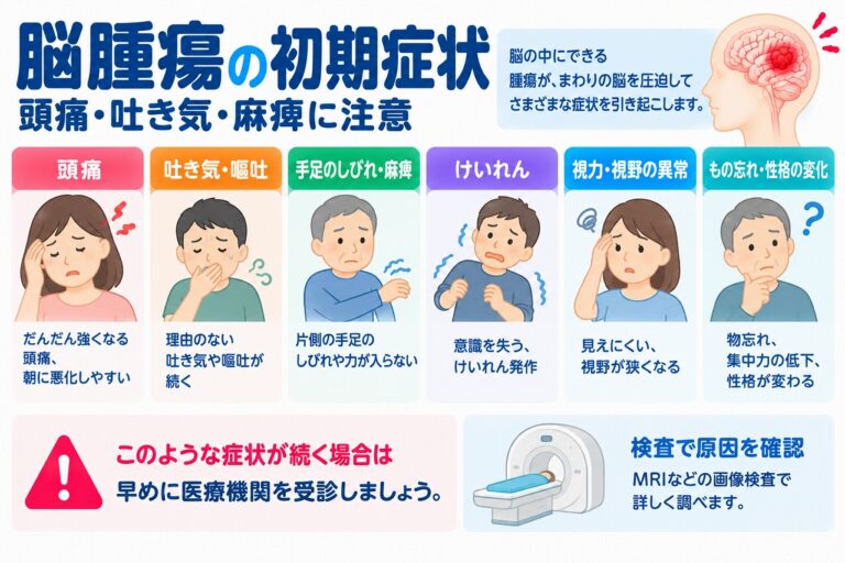 脳腫瘍の初期症状とは？頭痛・吐き気・麻痺など見逃せない6つのサインを図解
