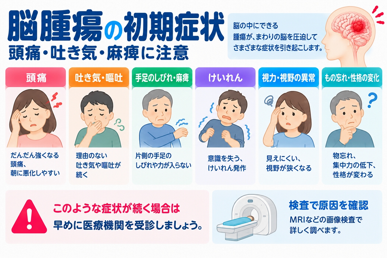 脳腫瘍の初期症状と受診の目安を解説した医療インフォグラフィック。頭痛、吐き気・嘔吐、片側の手足のしびれ・麻痺、けいれん、視力・視野の異常、物忘れ・性格の変化の6つの症状をイラストで紹介。脳腫瘍による脳組織の圧迫や機能障害、MRIなどの画像検査による原因の確認、早期受診の重要性を図解。