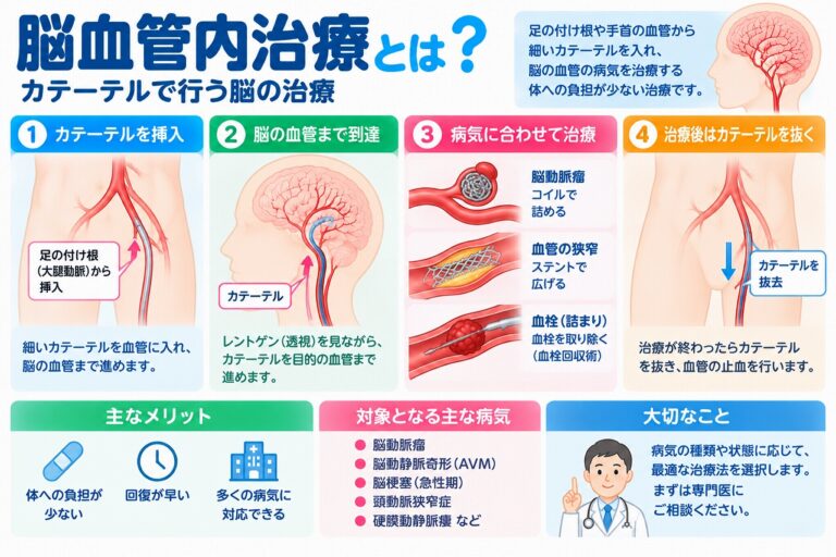 脳血管内治療の仕組みと治療方法を解説した医療インフォグラフィック。足の付け根や手首の血管からカテーテルを挿入し、脳の血管まで進める治療手順を4段階で図解。脳動脈瘤のコイル塞栓術、頸動脈狭窄症のステント留置術、急性期脳梗塞の血栓回収療法などの代表的な治療と、開頭手術を必要としないメリット、治療法の選択について紹介。