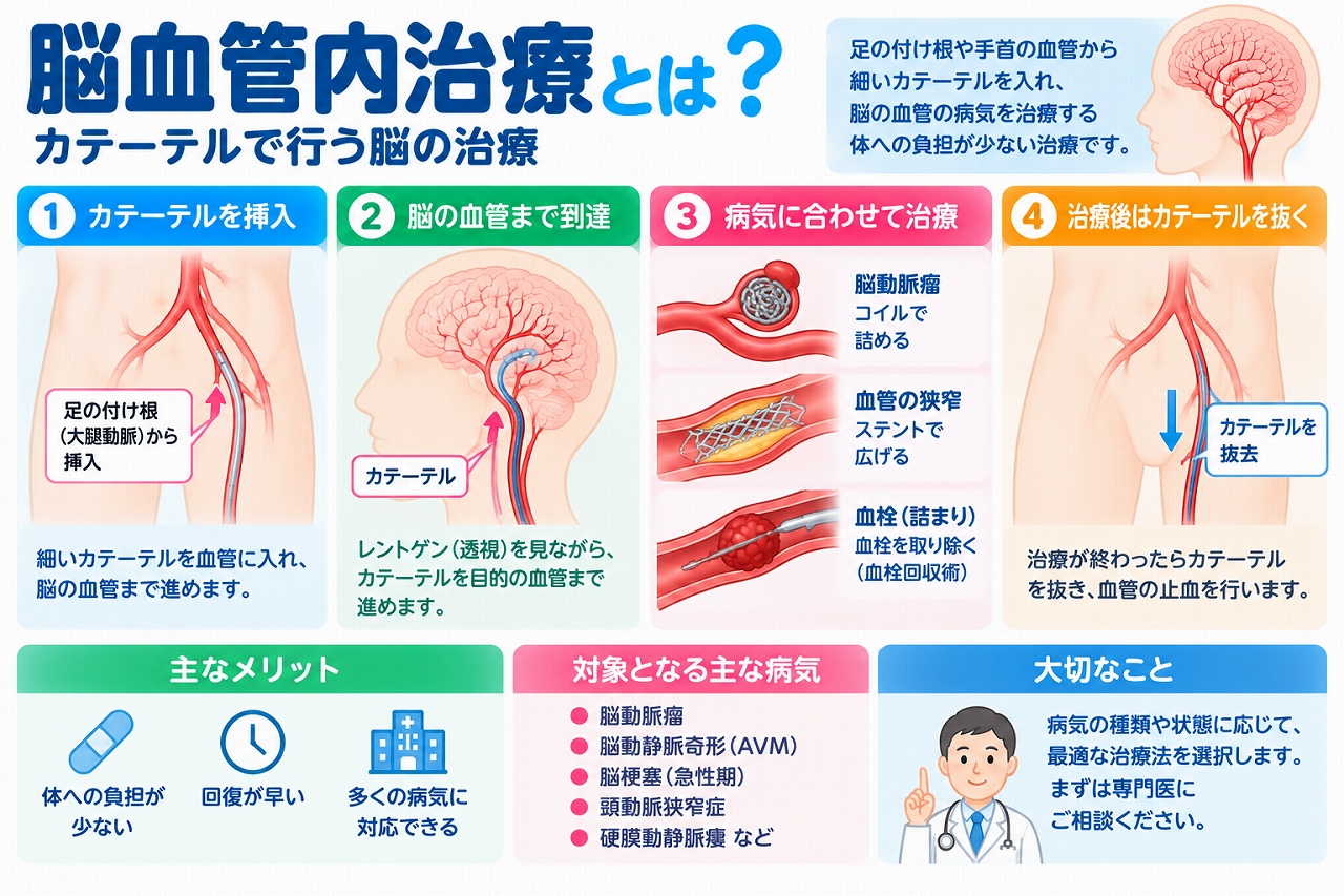 脳血管内治療の仕組みと治療方法を解説した医療インフォグラフィック。足の付け根や手首の血管からカテーテルを挿入し、脳の血管まで進める治療手順を4段階で図解。脳動脈瘤のコイル塞栓術、頸動脈狭窄症のステント留置術、急性期脳梗塞の血栓回収療法などの代表的な治療と、開頭手術を必要としないメリット、治療法の選択について紹介。