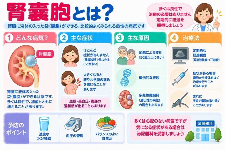 腎嚢胞の特徴や症状、原因、治療法を解説した医療インフォグラフィック。腎臓に液体の入った袋ができる様子を断面図で紹介。多くは無症状で良性ですが、大きくなると腰やわき腹の痛みが現れる場合があります。加齢との関係、超音波検査やCT検査による診断、経過観察、穿刺排液、手術などの治療法を図解。