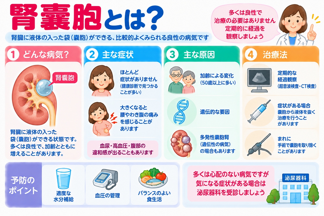 腎嚢胞の特徴や症状、原因、治療法を解説した医療インフォグラフィック。腎臓に液体の入った袋ができる様子を断面図で紹介。多くは無症状で良性ですが、大きくなると腰やわき腹の痛みが現れる場合があります。加齢との関係、超音波検査やCT検査による診断、経過観察、穿刺排液、手術などの治療法を図解。