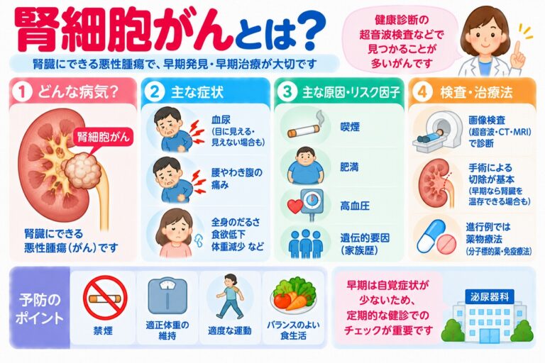 腎細胞がんの特徴や症状、危険因子、検査・治療法を解説した医療インフォグラフィック。腎臓にできる悪性腫瘍を断面図で示し、血尿、腰やわき腹の痛み、全身のだるさ、体重減少などの症状を紹介。喫煙、肥満、高血圧、遺伝的要因との関係や、超音波・CT・MRI検査、腎部分切除術、薬物療法などを図解。