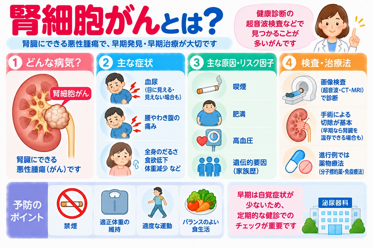 腎細胞がんの特徴や症状、危険因子、検査・治療法を解説した医療インフォグラフィック。腎臓にできる悪性腫瘍を断面図で示し、血尿、腰やわき腹の痛み、全身のだるさ、体重減少などの症状を紹介。喫煙、肥満、高血圧、遺伝的要因との関係や、超音波・CT・MRI検査、腎部分切除術、薬物療法などを図解。