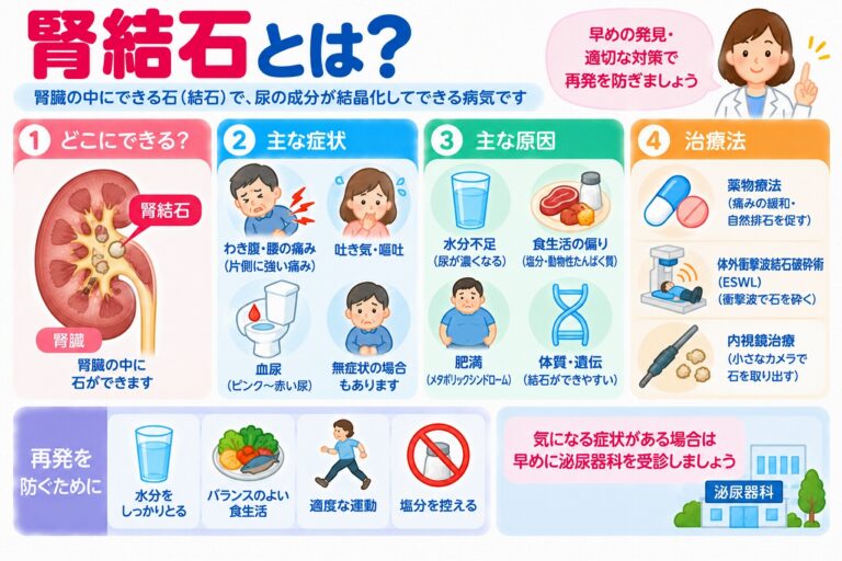 腎結石の原因や症状、治療法を解説した医療インフォグラフィック。腎臓内に結石ができる場所を断面図で示し、わき腹や腰の痛み、血尿、吐き気、無症状の場合があることを紹介。水分不足、食生活の偏り、肥満、遺伝的要因などの関連因子と、薬物療法、体外衝撃波結石破砕術、内視鏡治療、水分補給や減塩による再発予防を図解。