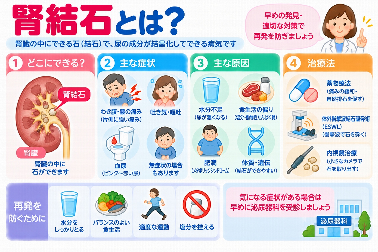 腎結石の原因や症状、治療法を解説した医療インフォグラフィック。腎臓内に結石ができる場所を断面図で示し、わき腹や腰の痛み、血尿、吐き気、無症状の場合があることを紹介。水分不足、食生活の偏り、肥満、遺伝的要因などの関連因子と、薬物療法、体外衝撃波結石破砕術、内視鏡治療、水分補給や減塩による再発予防を図解。