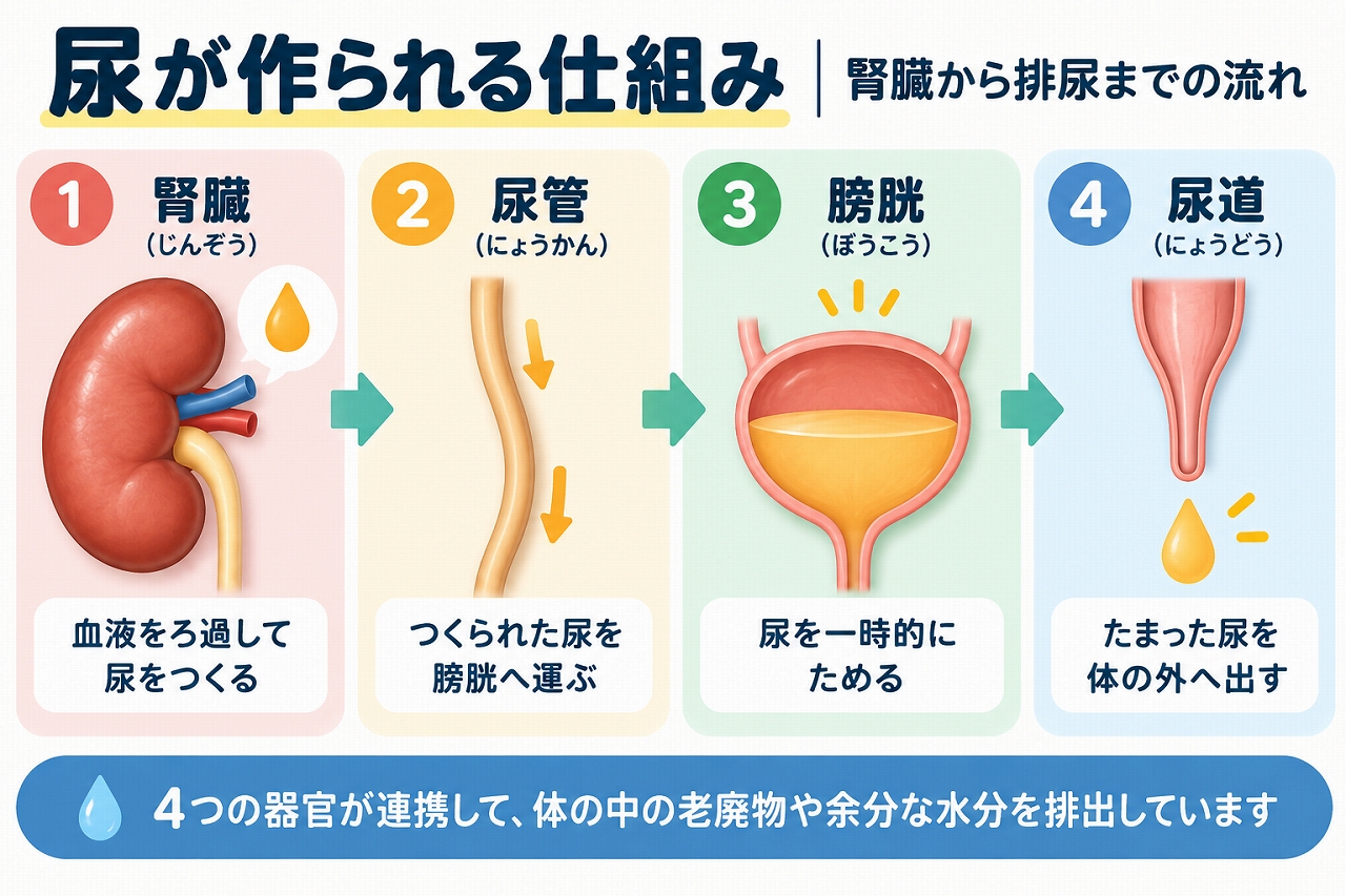 尿が作られる仕組みを解説した医療イラスト。腎臓で血液がろ過されて尿が作られ、尿管を通って膀胱に運ばれた後、尿道から体外へ排出されるまでの4つの過程を図解。