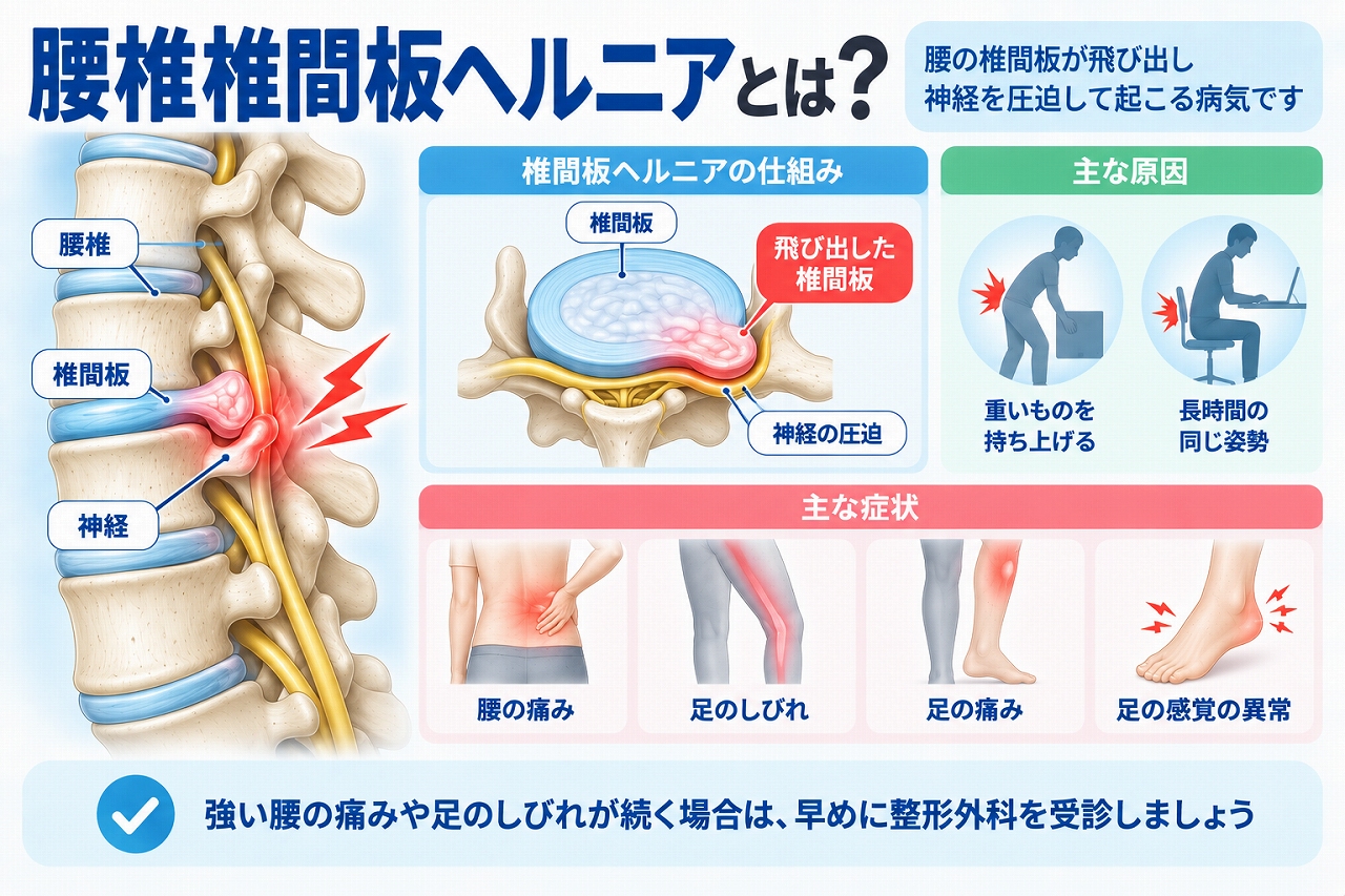腰椎椎間板ヘルニアとは、腰の椎間板が突出して神経を圧迫することで、腰の痛みや足の痛み・しびれ・感覚異常などが起こる病気で、その仕組みと主な症状を示した図
