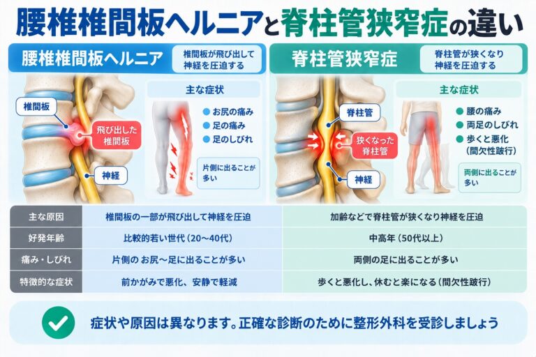 腰椎椎間板ヘルニアと脊柱管狭窄症の違いを、椎間板の突出による神経圧迫と脊柱管の狭窄による神経圧迫の違いや、腰痛・足の痛み・しびれ・間欠性跛行などの特徴から比較した図