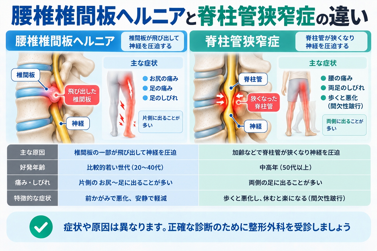 腰椎椎間板ヘルニアと脊柱管狭窄症の違いを、椎間板の突出による神経圧迫と脊柱管の狭窄による神経圧迫の違いや、腰痛・足の痛み・しびれ・間欠性跛行などの特徴から比較した図