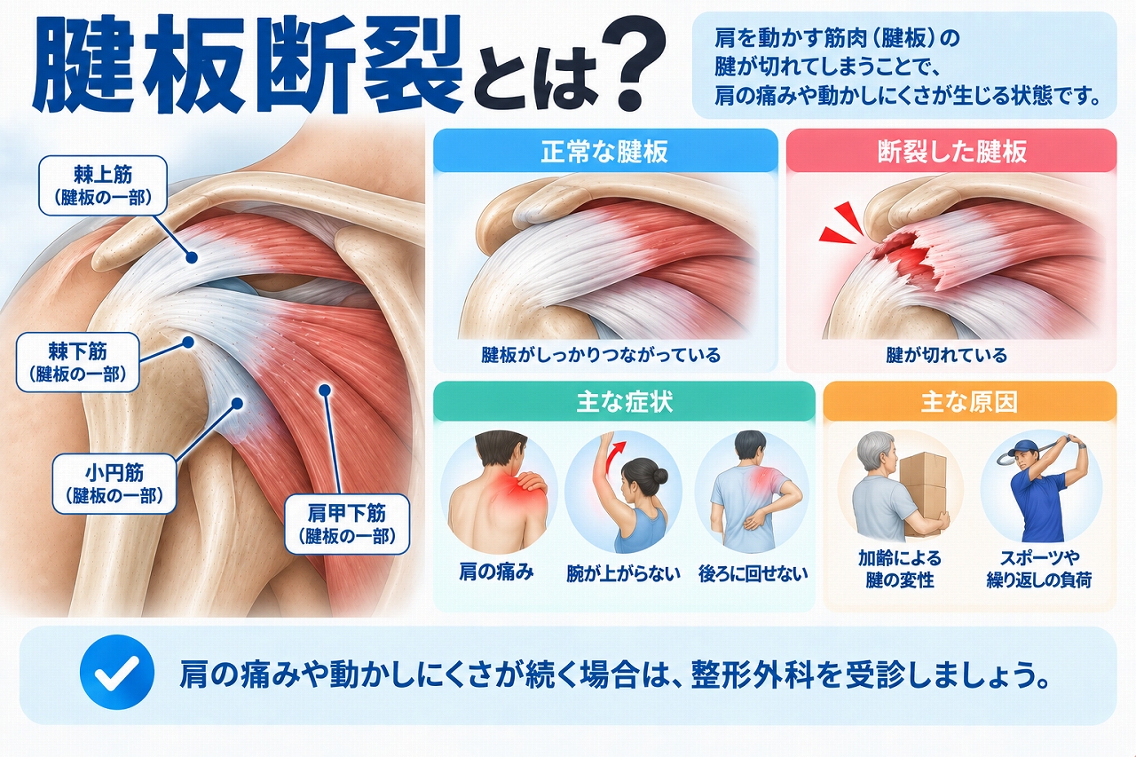 腱板断裂とは、肩を動かす筋肉の腱が部分的または完全に切れる状態で、正常な腱板との違いや、肩の痛み・腕が上がらない・後ろに回しにくいなどの症状と主な原因を示した図