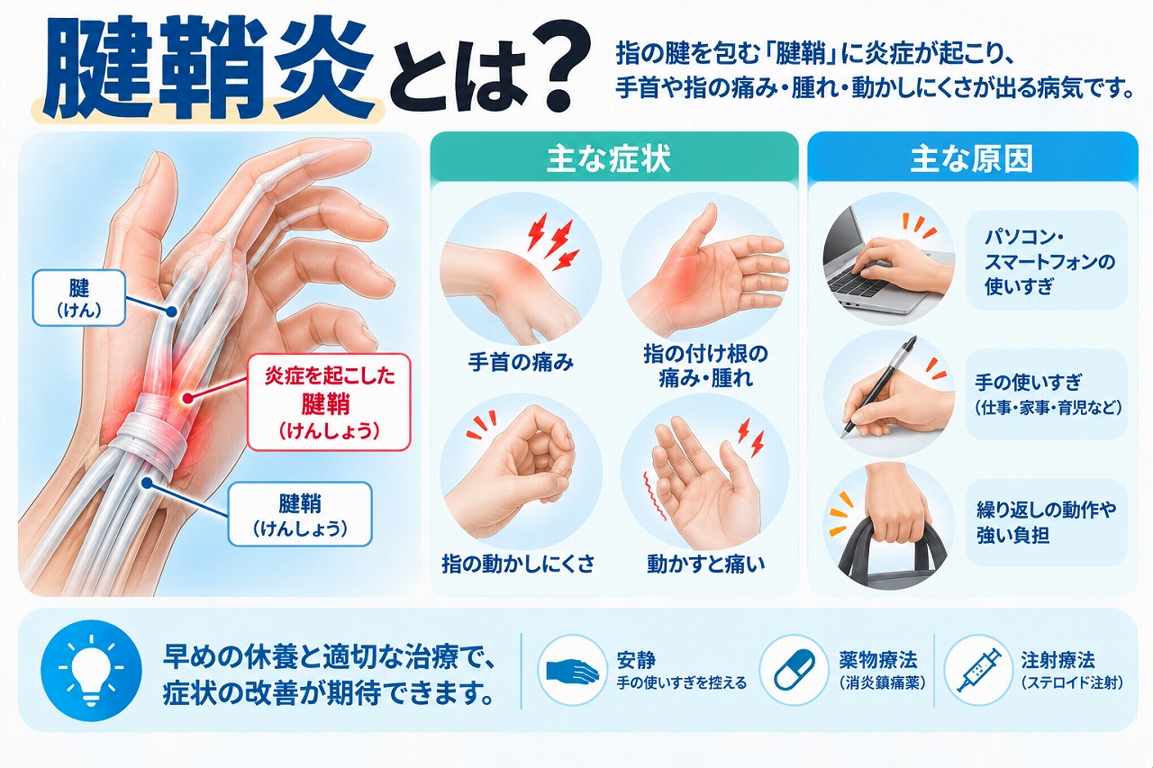 腱鞘炎とは、腱を包む腱鞘に炎症が起こり、腱の動きが悪くなることで、手首や指の付け根の痛み・腫れ・動かしにくさなどが現れる状態で、主な症状や原因を示した図