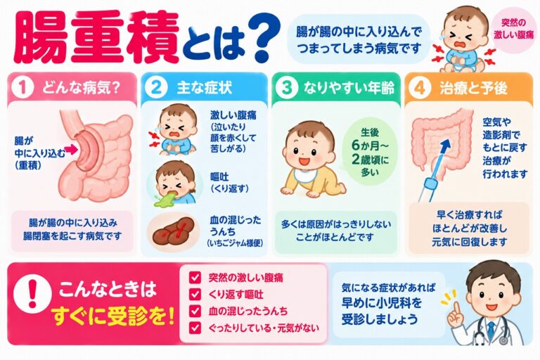 腸重積の仕組みや主な症状、発症しやすい年齢、治療法を解説した医療インフォグラフィック。腸の一部が隣の腸管内に入り込み、腸閉塞を起こす様子をイラストで紹介。突然の激しい腹痛、繰り返す嘔吐、血便、ぐったりするなどの症状と、空気や造影剤による整復治療、緊急受診の重要性を図解。