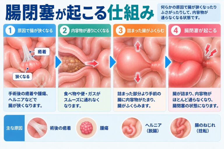 腸閉塞が起こる仕組みを、術後の癒着や腫瘍、ヘルニア、腸のねじれなどで腸が狭くなり、食べ物・便・ガスが通りにくくなって、詰まりの手前の腸がふくらむまでの流れで示した図