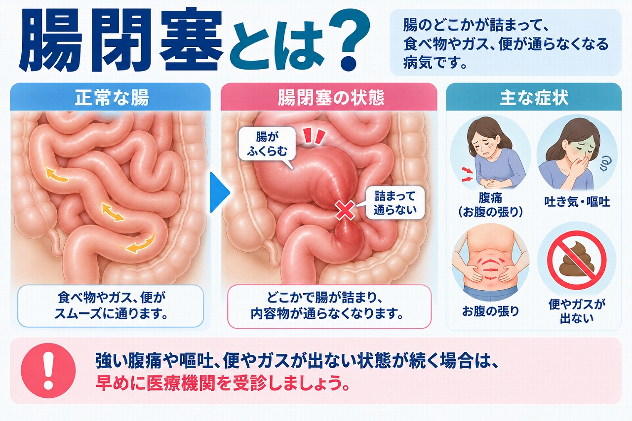 腸閉塞とは腸の内容物が通過できなくなる状態で、正常な腸と腸閉塞の違いや、腹痛・吐き気・嘔吐・お腹の張り・便やガスが出ないなどの主な症状を示した図