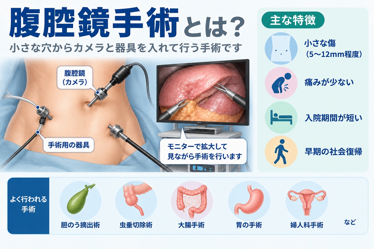 腹腔鏡手術とは、お腹に小さな穴を開けて腹腔鏡カメラと手術器具を挿入し、モニターで腹腔内を確認しながら手術を行う方法で、傷が小さいなどの特徴を示した図