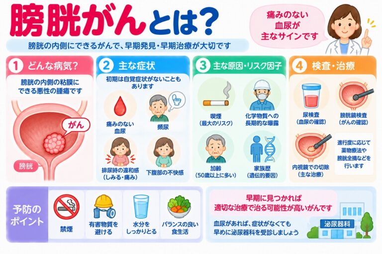 膀胱がんの主な症状や原因、検査・治療法を解説した医療インフォグラフィック。膀胱の粘膜にできる悪性腫瘍と、痛みのない血尿、頻尿、排尿時の違和感、下腹部の不快感などの症状を紹介。喫煙、化学物質への長期曝露、加齢などの危険因子と、尿検査、膀胱鏡検査、内視鏡手術などの治療法を図解。
