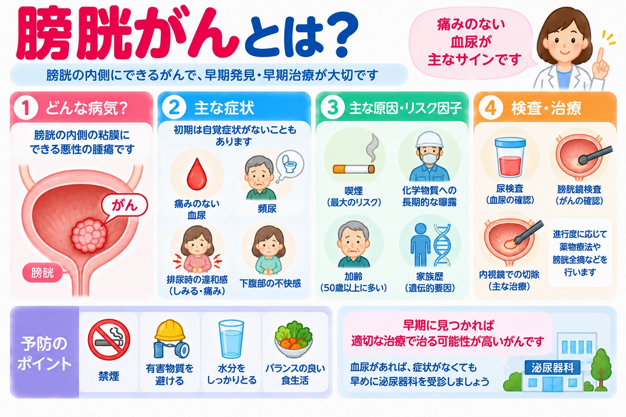 膀胱がんの主な症状や原因、検査・治療法を解説した医療インフォグラフィック。膀胱の粘膜にできる悪性腫瘍と、痛みのない血尿、頻尿、排尿時の違和感、下腹部の不快感などの症状を紹介。喫煙、化学物質への長期曝露、加齢などの危険因子と、尿検査、膀胱鏡検査、内視鏡手術などの治療法を図解。