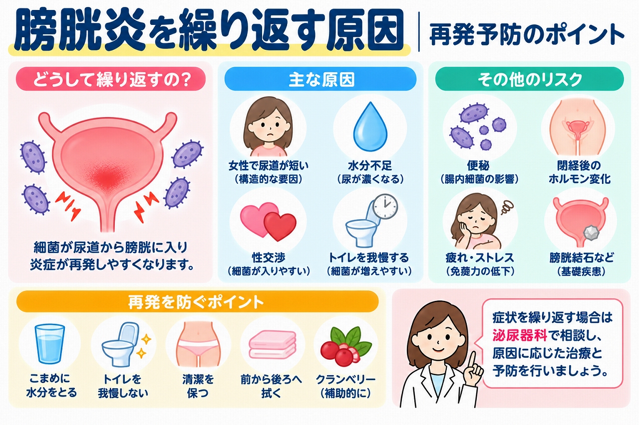膀胱炎を繰り返す原因と再発予防のポイントを解説した医療インフォグラフィック。女性の尿道の短さ、水分不足、性交渉、排尿を我慢する習慣、閉経後のホルモン変化、膀胱結石などのリスク要因と、水分補給や排尿習慣、清潔の保持などの予防方法を図解。