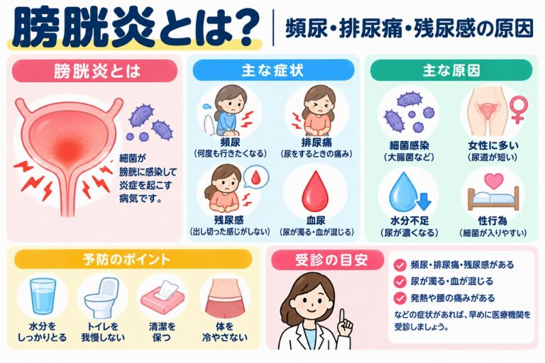 膀胱炎とは？頻尿・排尿痛・残尿感の原因と症状を図解