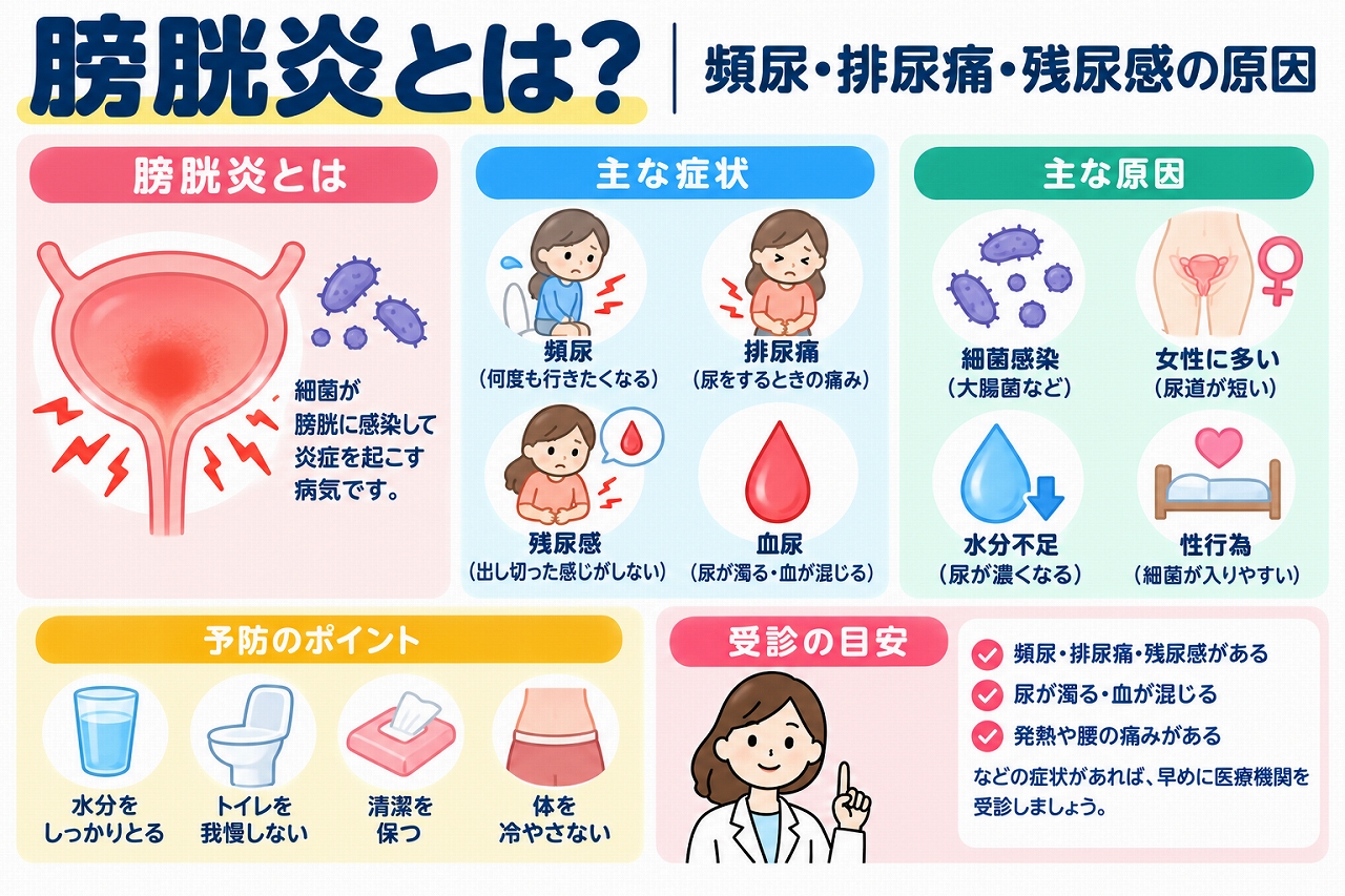 膀胱炎の原因と症状を解説した医療インフォグラフィック。細菌が膀胱に感染して炎症を起こす仕組みと、頻尿、排尿痛、残尿感、血尿などの代表的な症状を図解。大腸菌などの細菌感染、女性に多い理由、受診の目安も紹介。