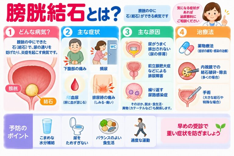 膀胱結石の原因や症状、治療法を解説した医療インフォグラフィック。膀胱内に結石ができる仕組みと、下腹部痛、頻尿、血尿、排尿時の痛みなどの症状を紹介。尿の停滞、前立腺肥大症、尿路感染症などの関連要因と、内視鏡による結石破砕・除去、再発予防のための水分補給や排尿管理を図解。