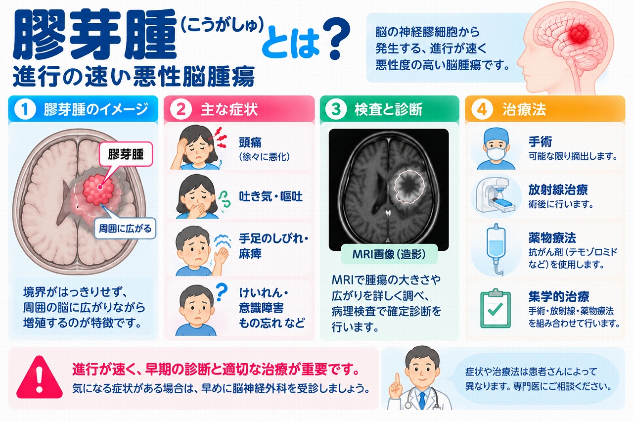 膠芽腫（こうがしゅ）の特徴や症状、検査・治療法を解説した医療インフォグラフィック。脳の組織に発生する悪性度の高い腫瘍が周囲の脳に浸潤する様子を断面図で示し、頭痛、吐き気・嘔吐、手足のしびれ・麻痺、けいれん、意識障害、記憶障害などの症状を紹介。MRI・病理検査による診断と、摘出手術、放射線治療、テモゾロミドなどの薬物療法を図解。