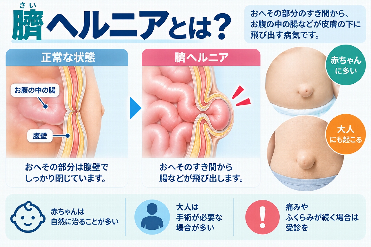 臍ヘルニアとは、おへその部分の腹壁のすき間から腸などが皮膚の下へ飛び出してふくらむ病気で、正常な状態との違いや、赤ちゃんと大人の特徴・治療の違いを示した図