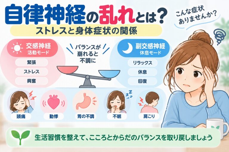 自律神経の乱れとストレスによる身体症状の関係を解説した医療インフォグラフィック。活動時に働く交感神経と休息時に働く副交感神経の役割を天秤のイラストで比較。ストレスに伴う頭痛、動悸、胃の不調、不眠、肩こりなどの症状と、生活習慣を整える重要性を紹介。