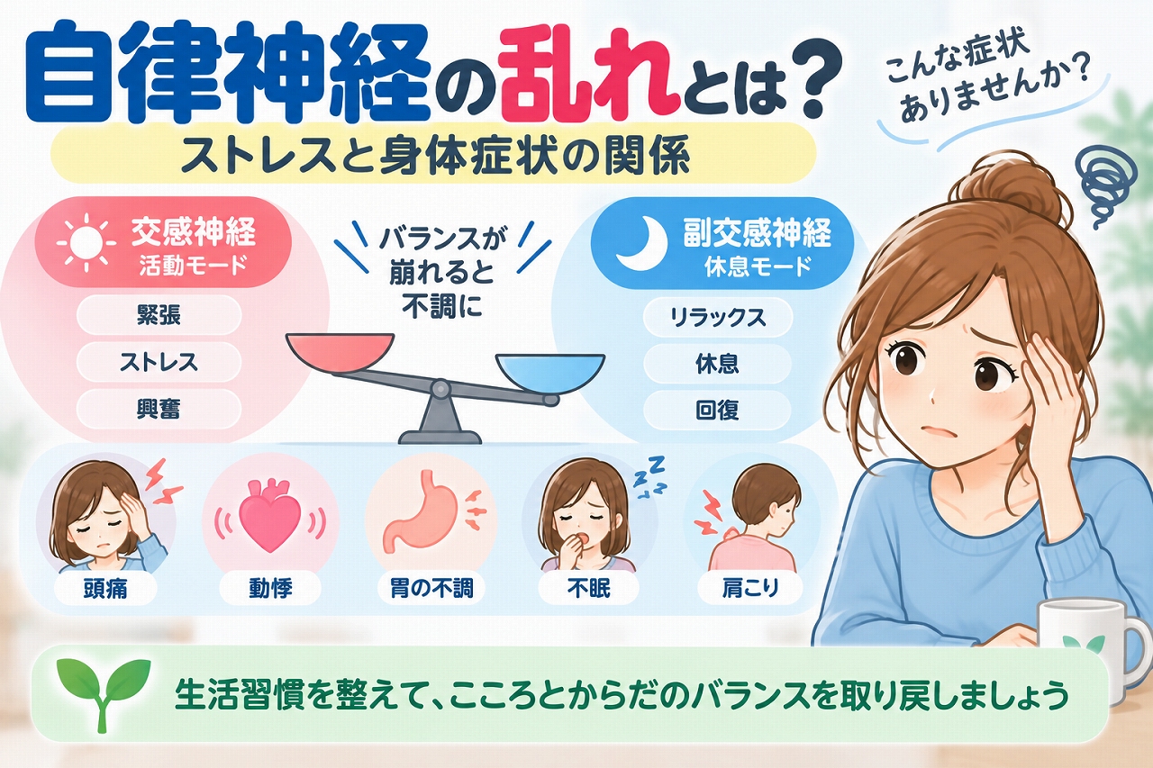自律神経の乱れとストレスによる身体症状の関係を解説した医療インフォグラフィック。活動時に働く交感神経と休息時に働く副交感神経の役割を天秤のイラストで比較。ストレスに伴う頭痛、動悸、胃の不調、不眠、肩こりなどの症状と、生活習慣を整える重要性を紹介。