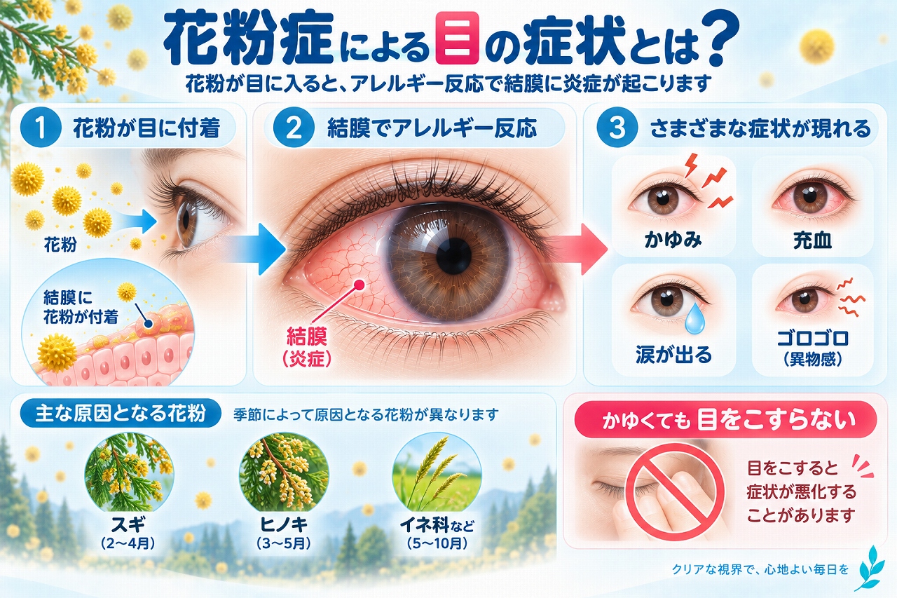 花粉症による目の症状を解説したインフォグラフィック。花粉が結膜に付着してアレルギー反応が起こり、目のかゆみ、充血、涙、ゴロゴロする異物感などが現れる仕組みと主な原因花粉を紹介