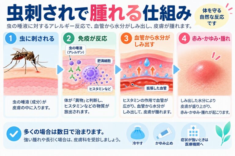 虫刺されで腫れる仕組みを、虫の唾液などの成分が皮膚に入ることで免疫反応が起こり、ヒスタミンなどが放出され、血管が広がって水分がしみ出し、赤み・かゆみ・腫れが現れる流れで示した図