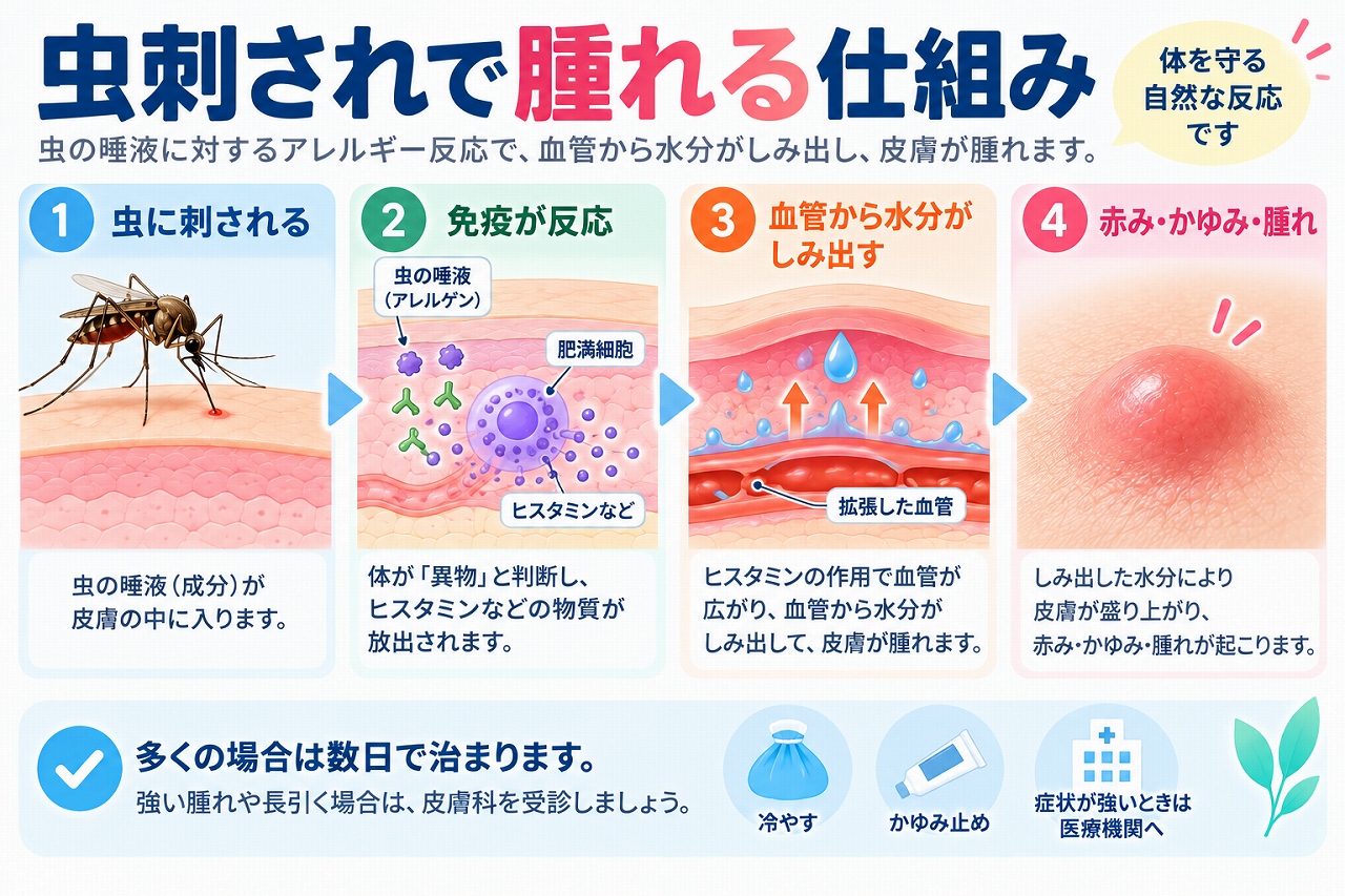 虫刺されで腫れる仕組みを、虫の唾液などの成分が皮膚に入ることで免疫反応が起こり、ヒスタミンなどが放出され、血管が広がって水分がしみ出し、赤み・かゆみ・腫れが現れる流れで示した図
