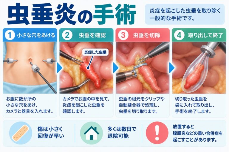 虫垂炎の手術｜腹腔鏡で虫垂を切除する流れ