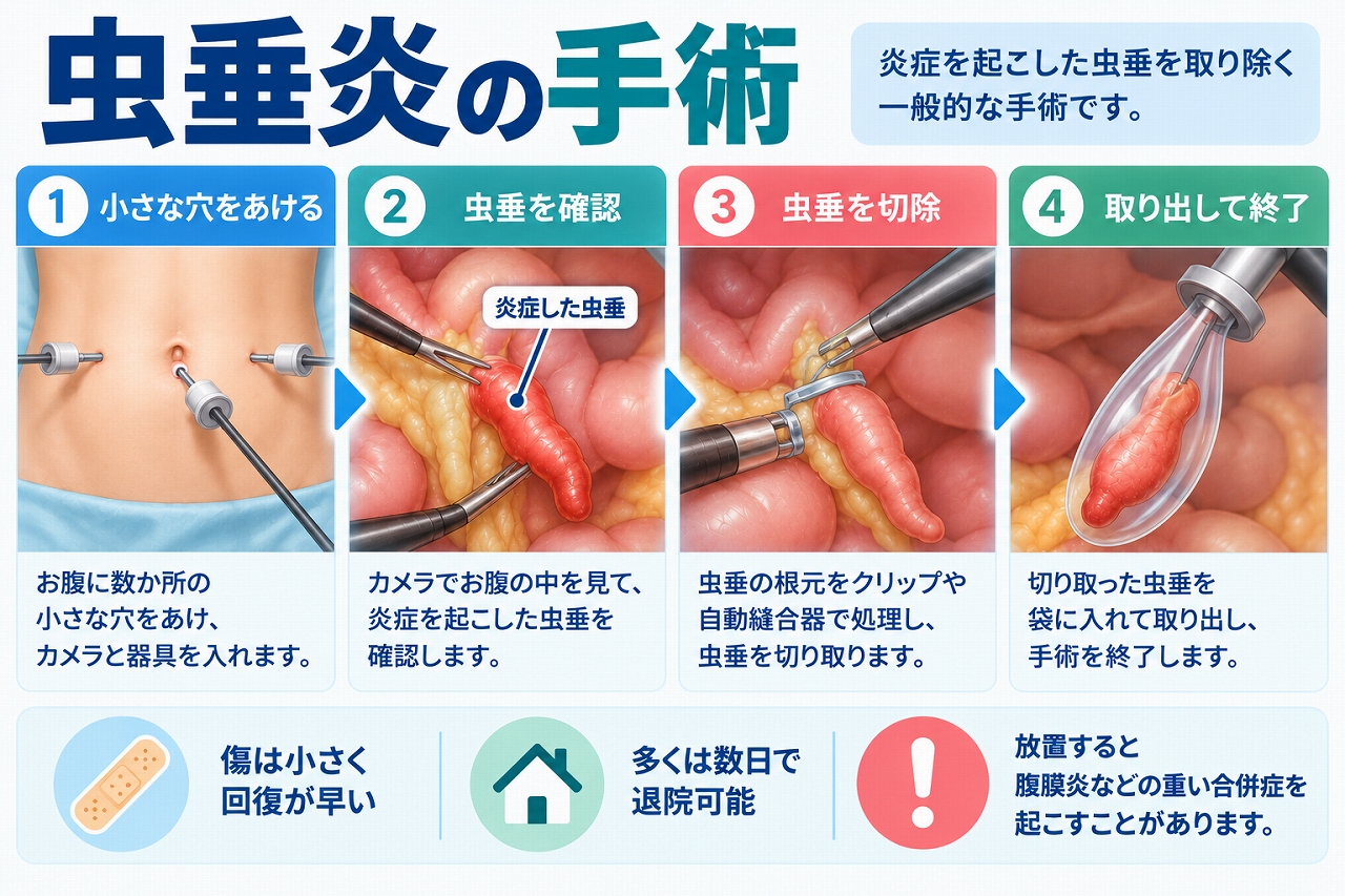虫垂炎の手術について、お腹に小さな穴を開けて腹腔鏡と器具を挿入し、炎症を起こした虫垂を確認して切除し、体外へ取り出すまでの流れを示した図