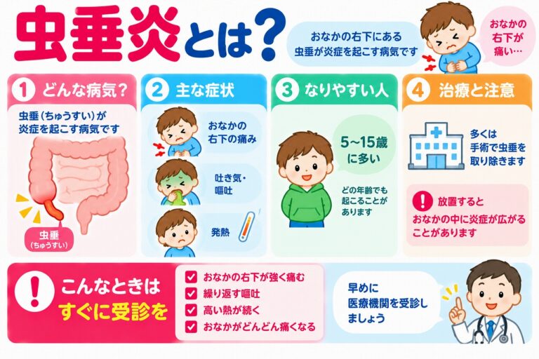 虫垂炎の仕組みや症状、治療法を解説した医療インフォグラフィック。大腸の始まりにある虫垂に炎症が起こる様子をイラストで紹介。右下腹部の痛み、吐き気、嘔吐、発熱などの症状と、子どもにも起こる病気であること、手術などの治療法、早期受診の重要性を図解。